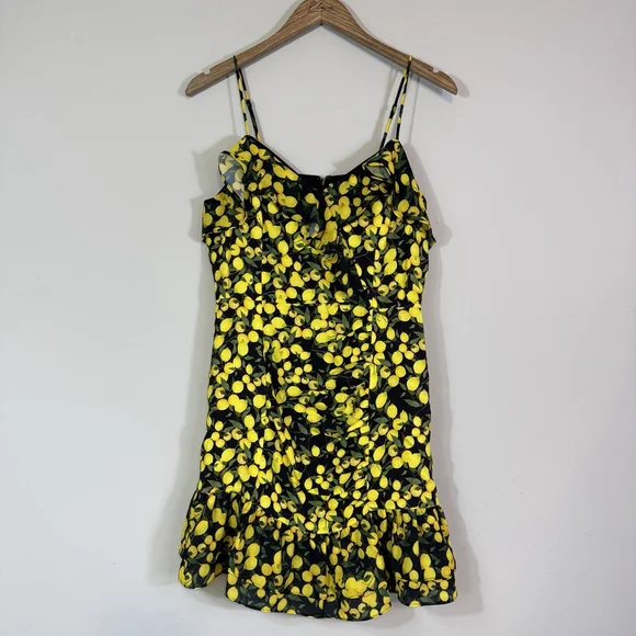 PARKER Erica Lemon Ruffle Mini Dress Black Yellow Size 6 - Picture 1 of 10